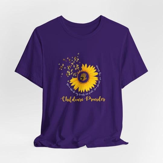 Purple t-shirt with a yellow sunflower graphic and text on a white background