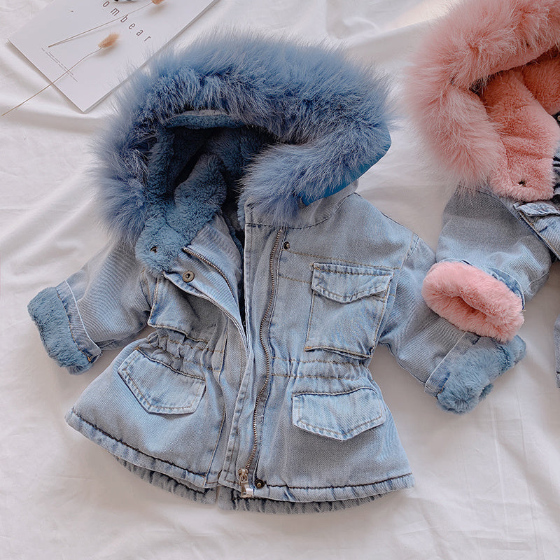 Cozy Denim Fur-Lined Jacket for Girls (Blue &amp; Pink)