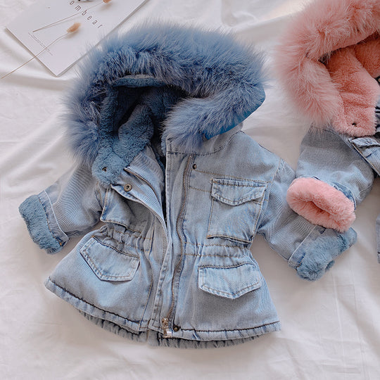 Cozy Denim Fur-Lined Jacket for Girls (Blue &amp; Pink)
