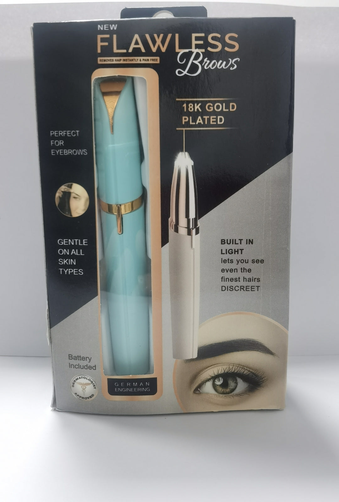 Packaging of a teal eyebrow grooming tool with gold accents, featuring text about its features.
