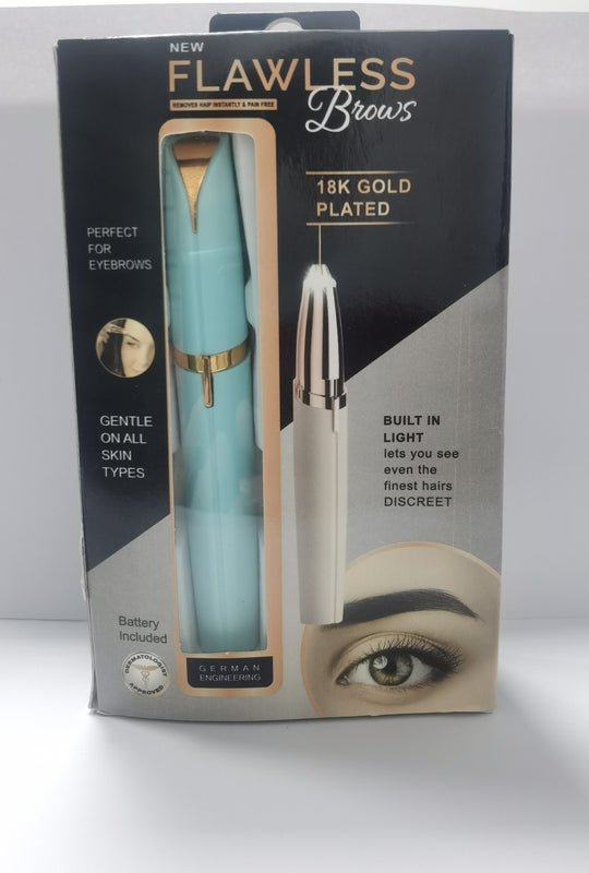 Packaging of a teal eyebrow grooming tool with gold accents, featuring text about its features.