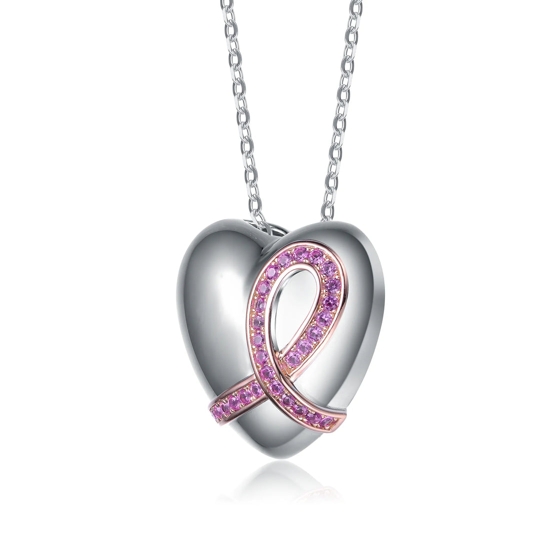 Pink Ribbon Two-Tone Sterling Silver Heart Necklace