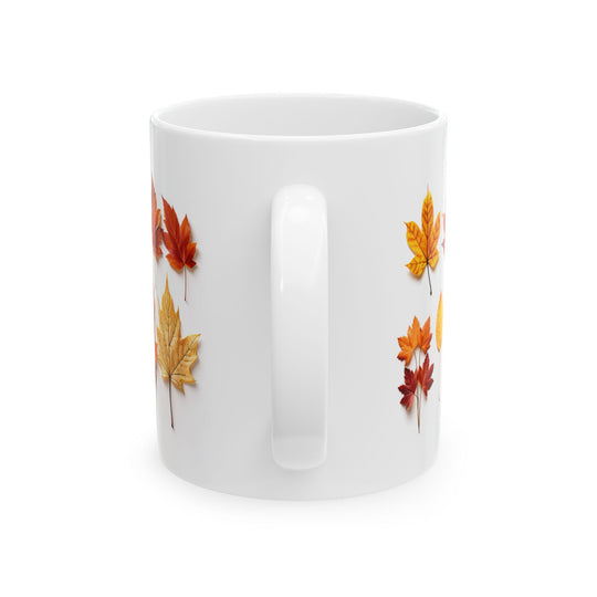 White mug with autumn leaf pattern on a white background