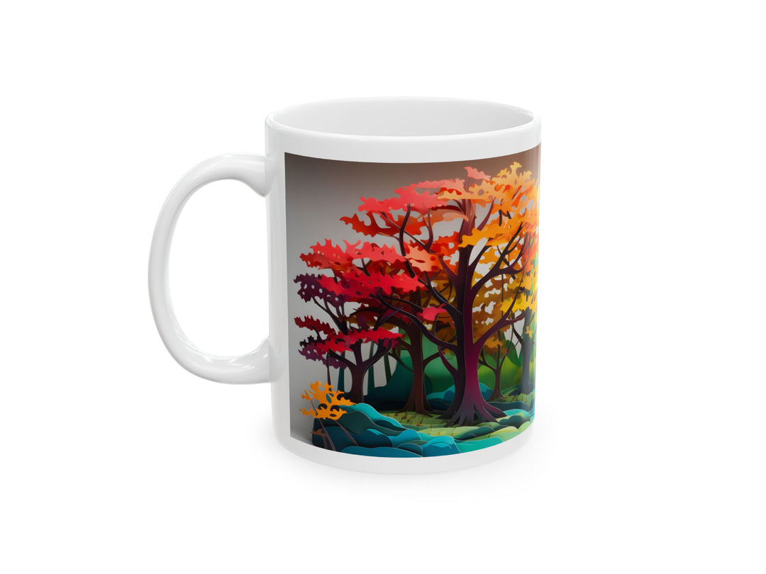 Mug with a colorful forest design on a white background