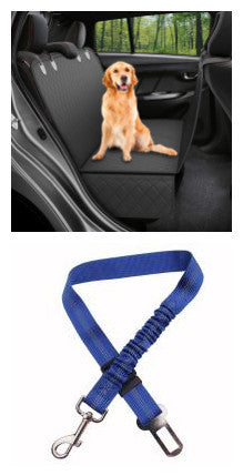 Dog sitting on a car seat cover with a blue dog leash attached to it.