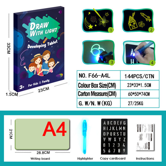 Product packaging and features of a drawing tablet with light, including dimensions and components.