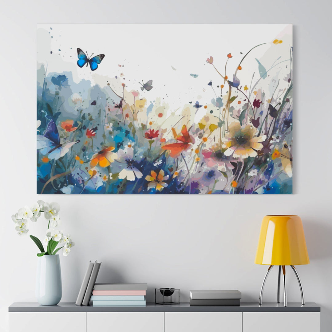 Colorful floral painting with butterflies on a wall above a white cabinet with decorative items.
