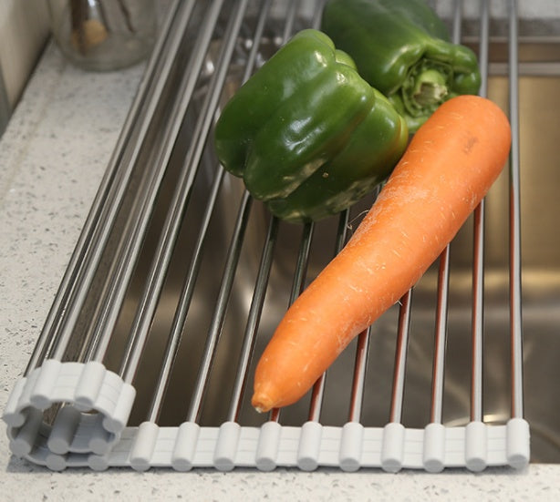 Rolling kitchen rack with vegetables on a countertop