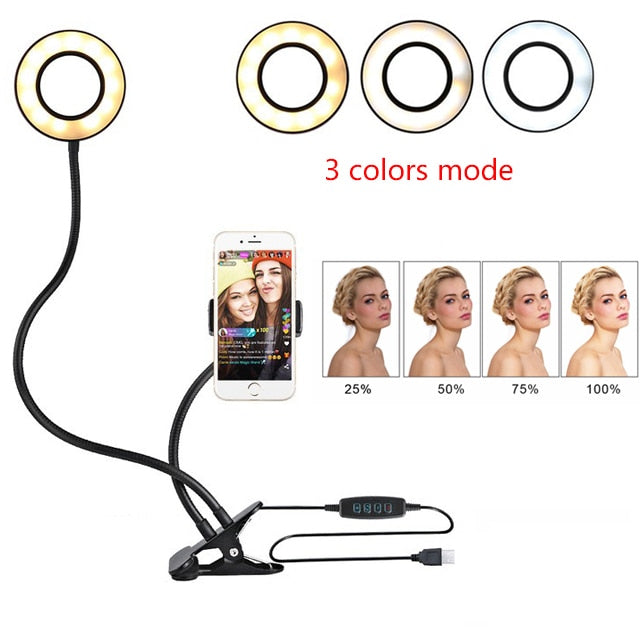 Smartphone with ring light and color mode indicators on a white background