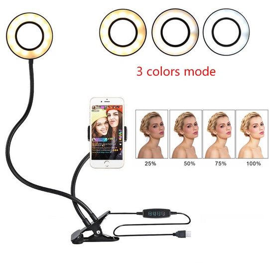 Smartphone with ring light and color mode indicators on a white background