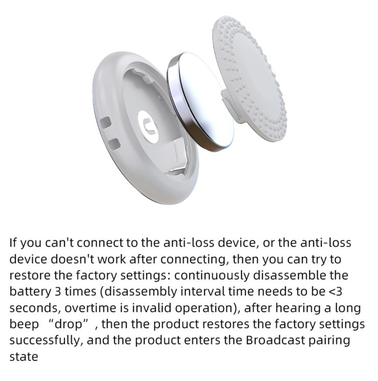 White anti-loss device with text explaining factory reset instructions on a white background
