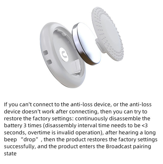 White anti-loss device with text explaining factory reset instructions on a white background
