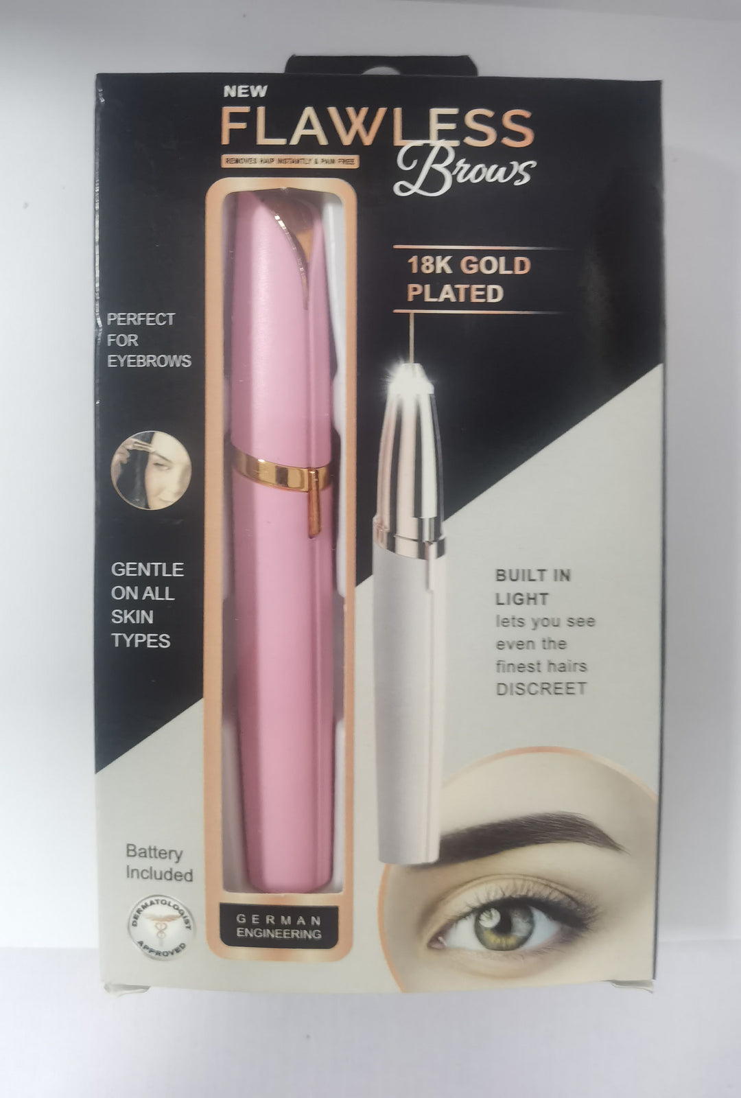 Flawless Brow packaging with pink brow pencil on a white background