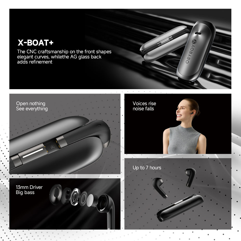 Promotional image of wireless earbuds with features highlighted on a black background.