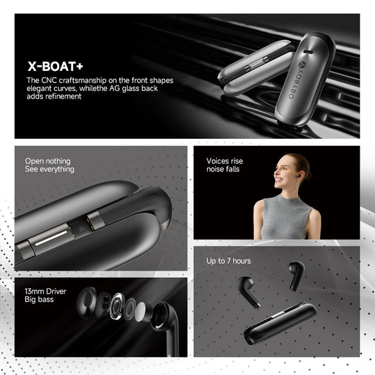Promotional image of wireless earbuds with features highlighted on a black background.