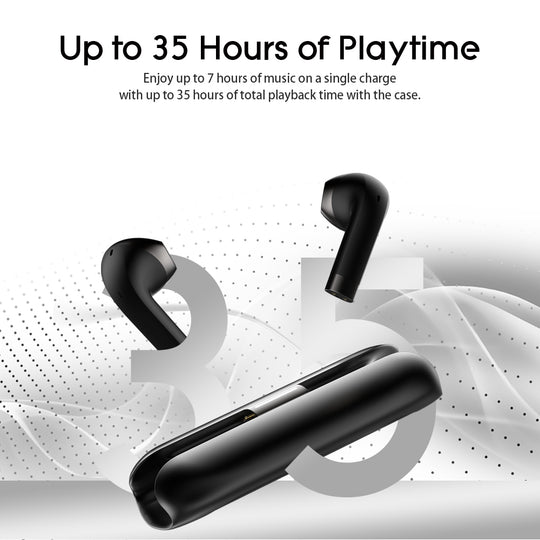 Black wireless earbuds with charging case on a white background, featuring text about playtime.