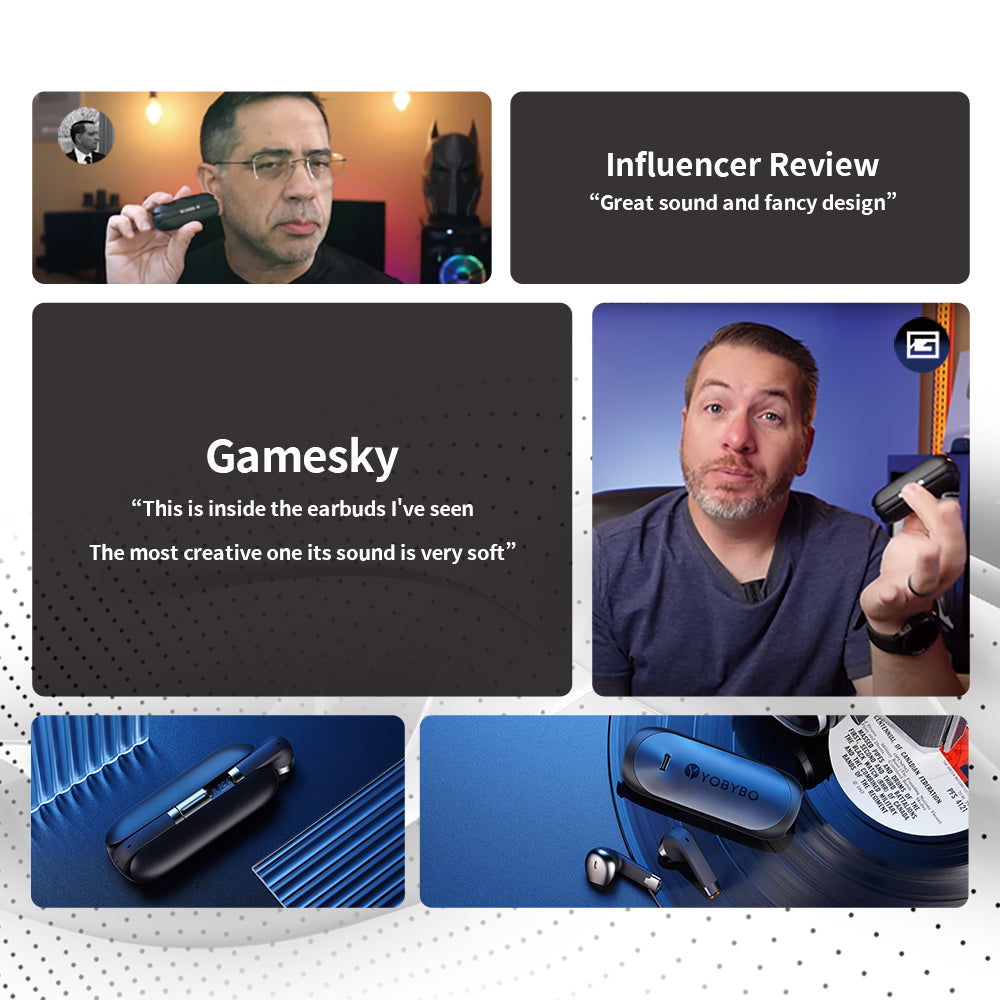Collage of a man reviewing earbuds with text and product images.