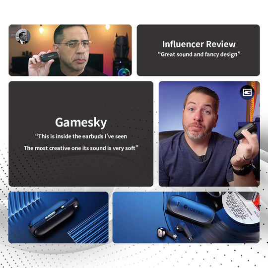 Collage of a man reviewing earbuds with text and product images.