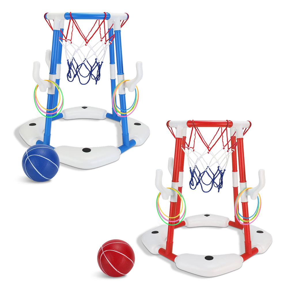 Two children's basketball hoops with balls on a white background