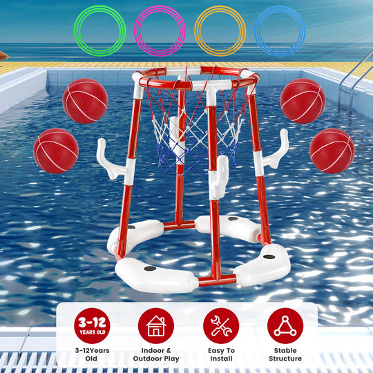 Poolside basketball hoop set with balls and colorful rings on a pool background