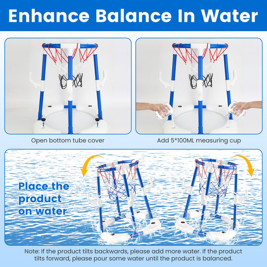 Product instructions for balancing on water with text and images of a device.