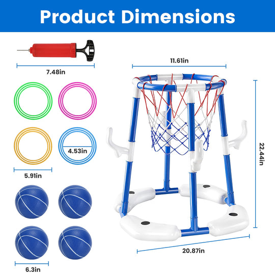 Basketball hoop set with dimensions and accessories on a blue background