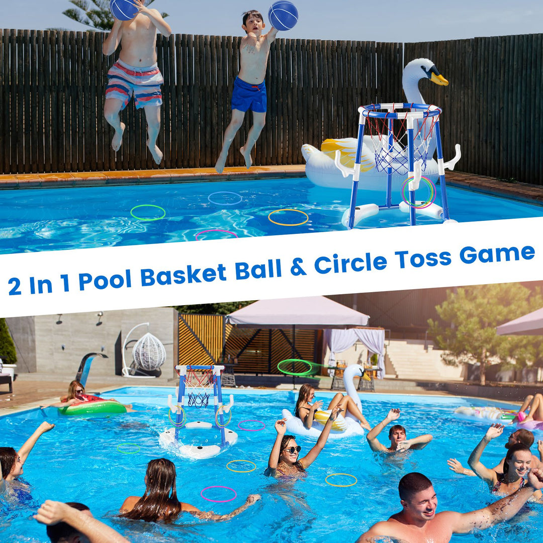 Children playing with a 2-in-1 pool basket ball &amp; circle toss game in a pool.