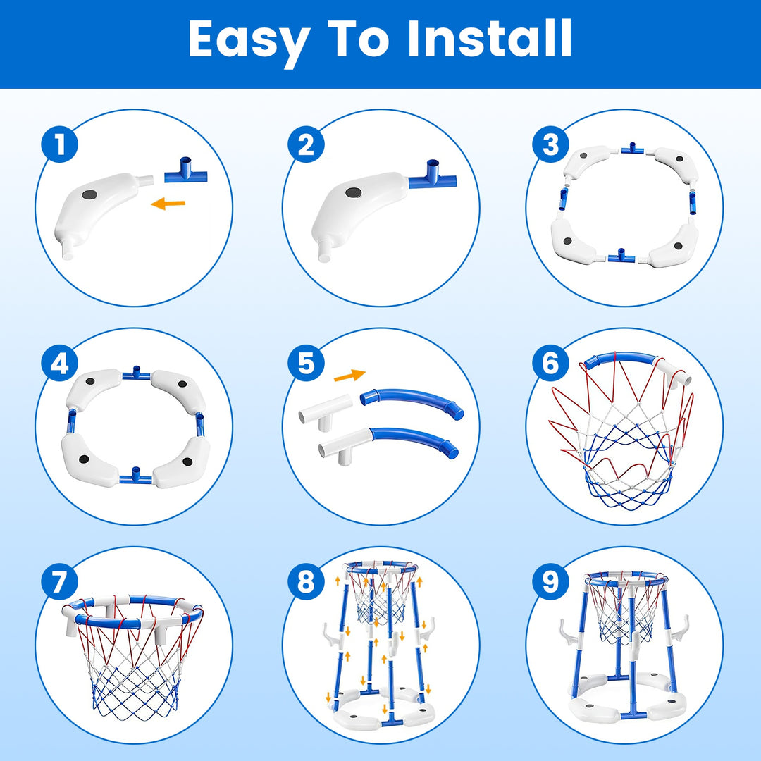 Step-by-step installation guide for a basketball hoop on a blue background
