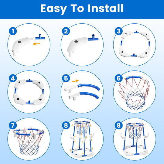 Step-by-step installation guide for a basketball hoop on a blue background