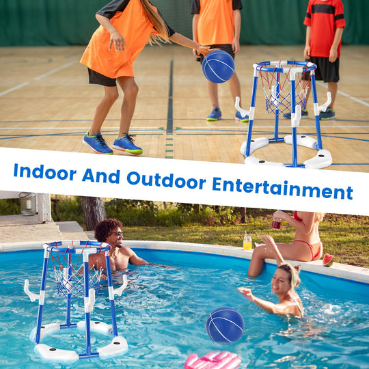 Children playing basketball on a court with a pool scene below featuring people playing in the water.