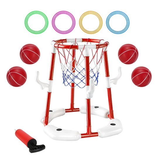 Basketball hoop set with colorful rings and red basketballs on a white background