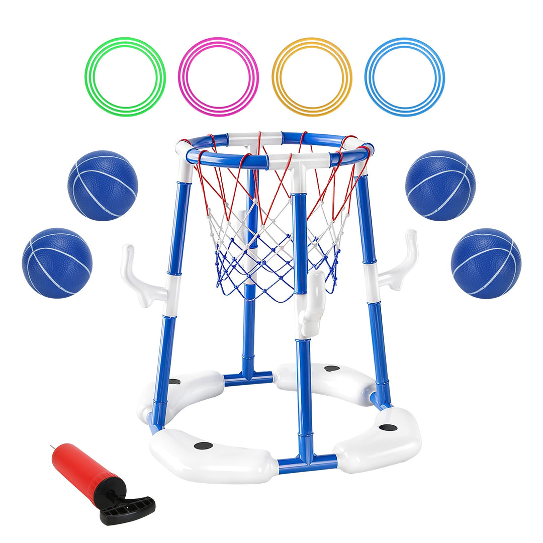 Basketball hoop set with colorful rings and balls on a white background