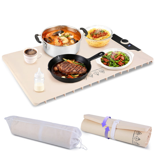 Portable cooking setup with a heating mat, pots, pans, and food items on a white background.
