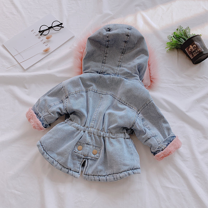Cozy Denim Fur-Lined Jacket for Girls (Blue &amp; Pink)