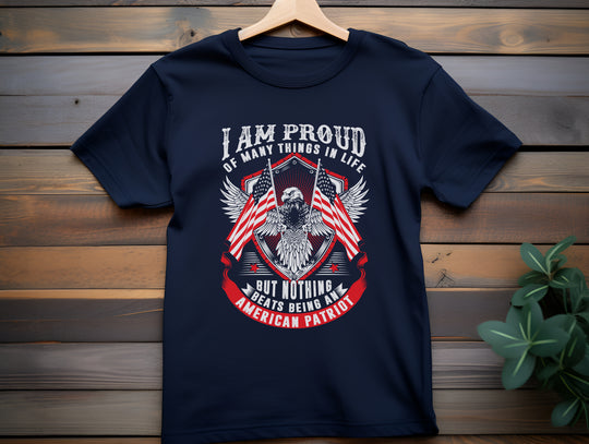 Navy blue t-shirt with American patriotic design on a wooden background