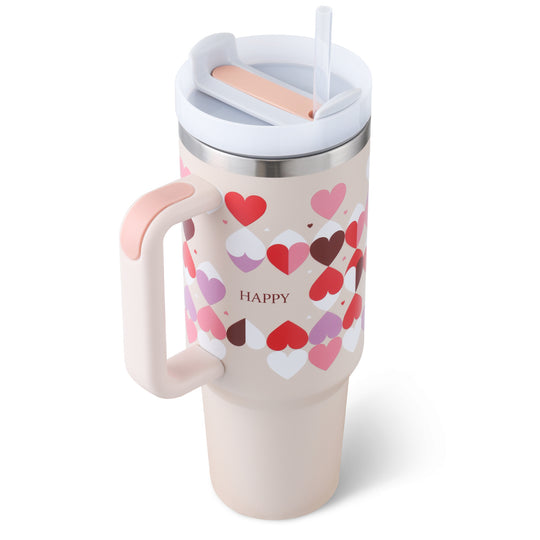 Travel mug with heart pattern and &