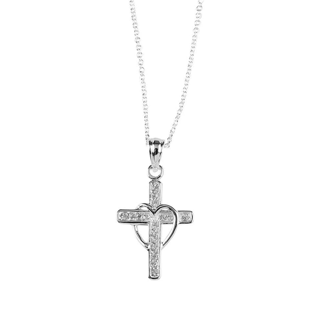 Silver Plated CZ Cross &amp; Heart Necklace