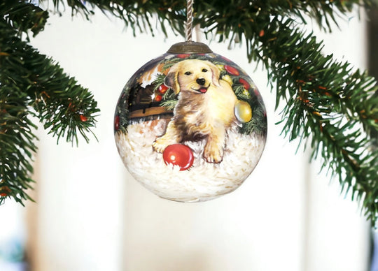 Hand-Painted Puppy Glass Christmas Ornament