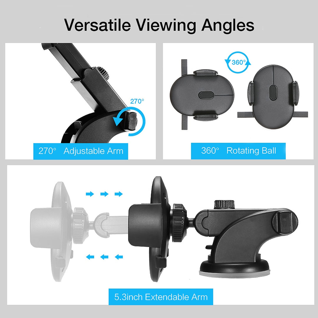 Phone holder with adjustable arm, rotating ball, and extendable arm on a gray background