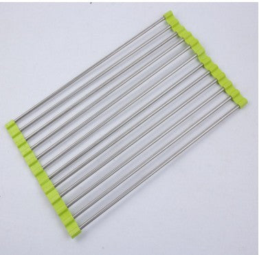 Metal towel rack with green ends on a white background