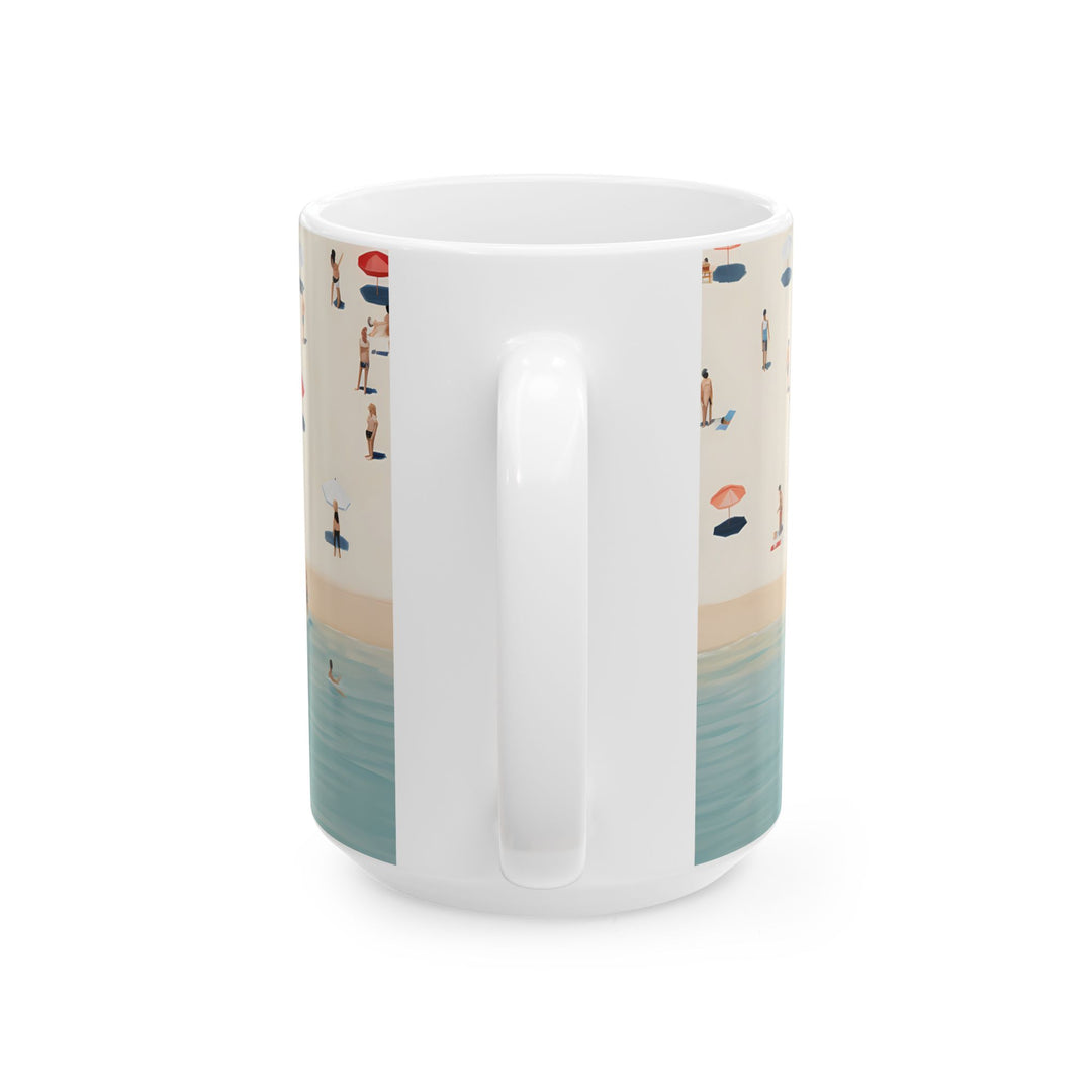 White mug with beach-themed design on a white background