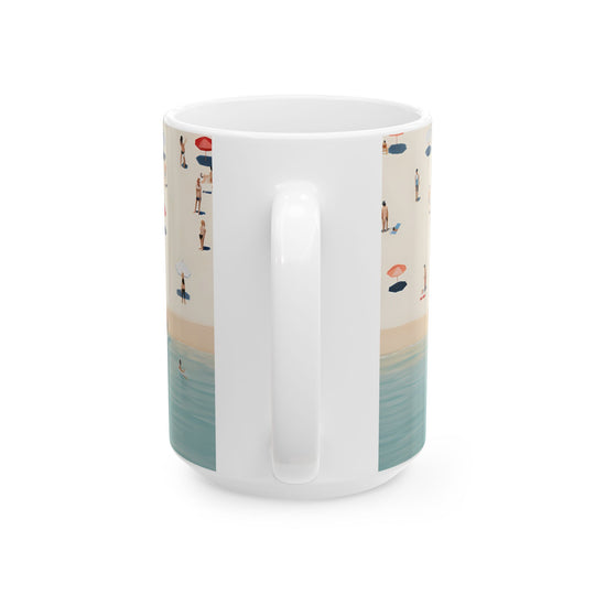 White mug with beach-themed design on a white background