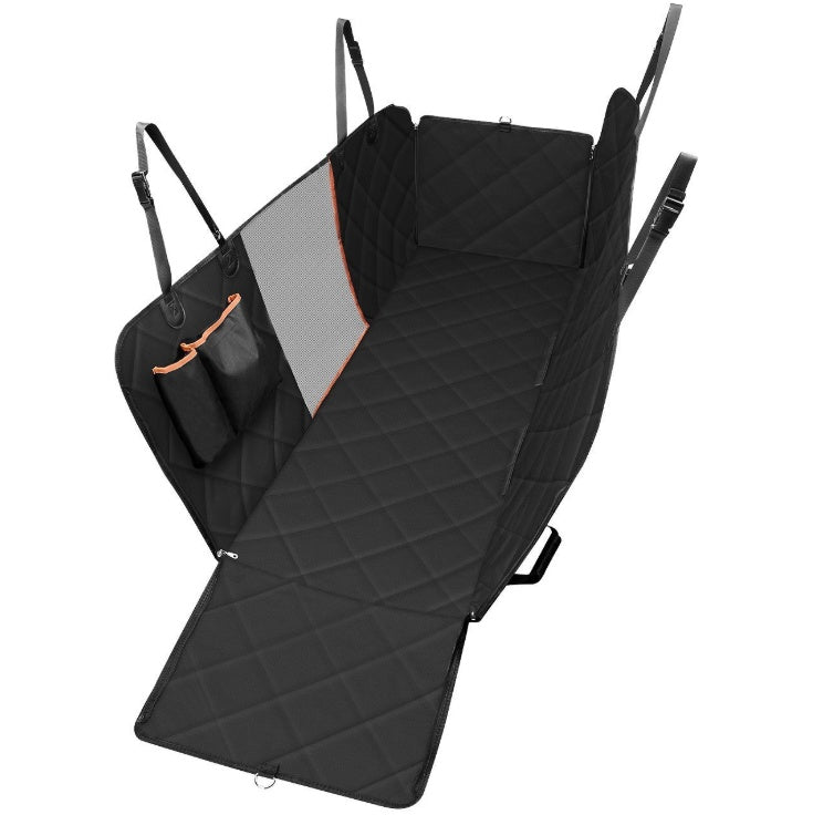 Black car seat cover with storage pouches on a white background