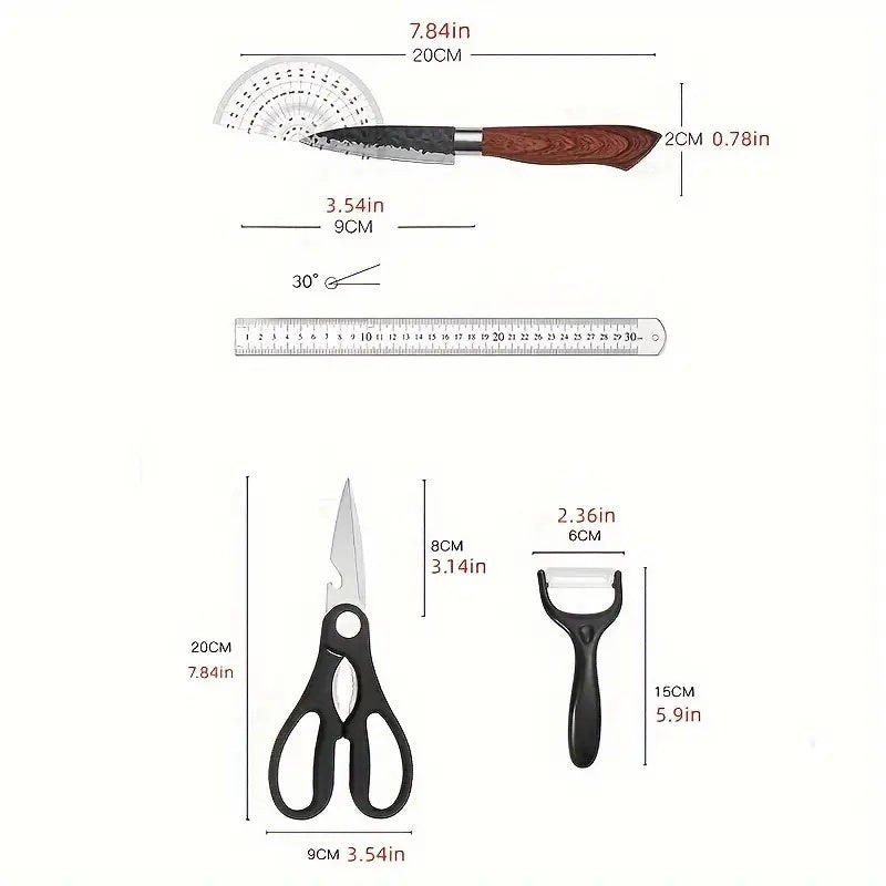 Measurement chart of kitchen utensils including a knife, scissors, and a scraper with labeled dimensions.