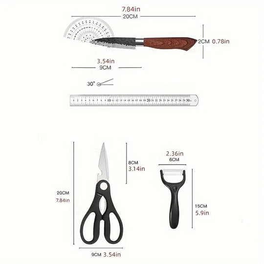 Measurement chart of kitchen utensils including a knife, scissors, and a scraper with labeled dimensions.