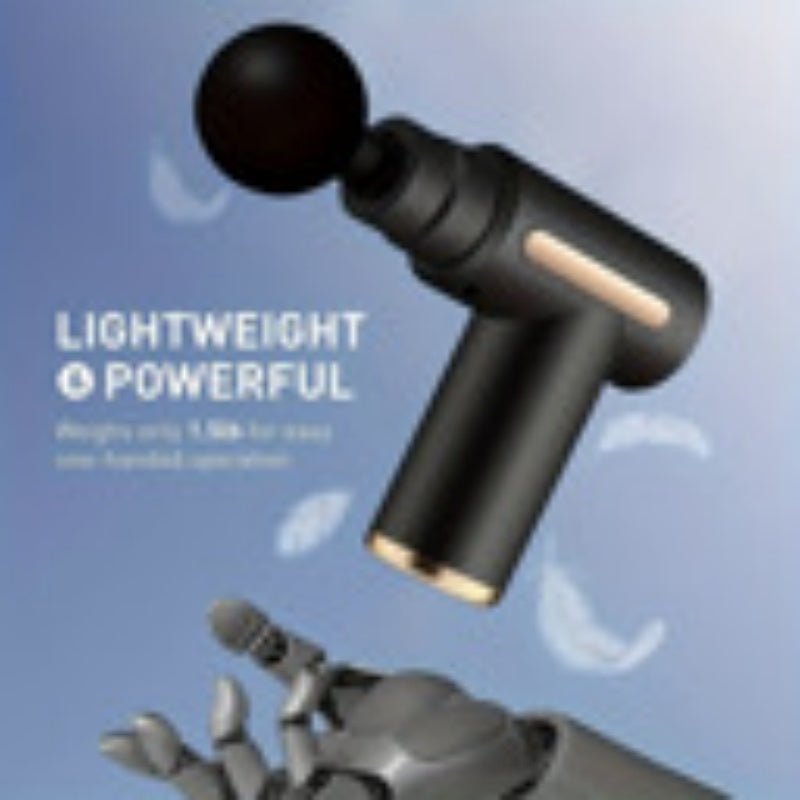 Mini USB rechargeable massage gun by SuperFamilyUSA for muscle relief, showing compact design and massage head attachment.
