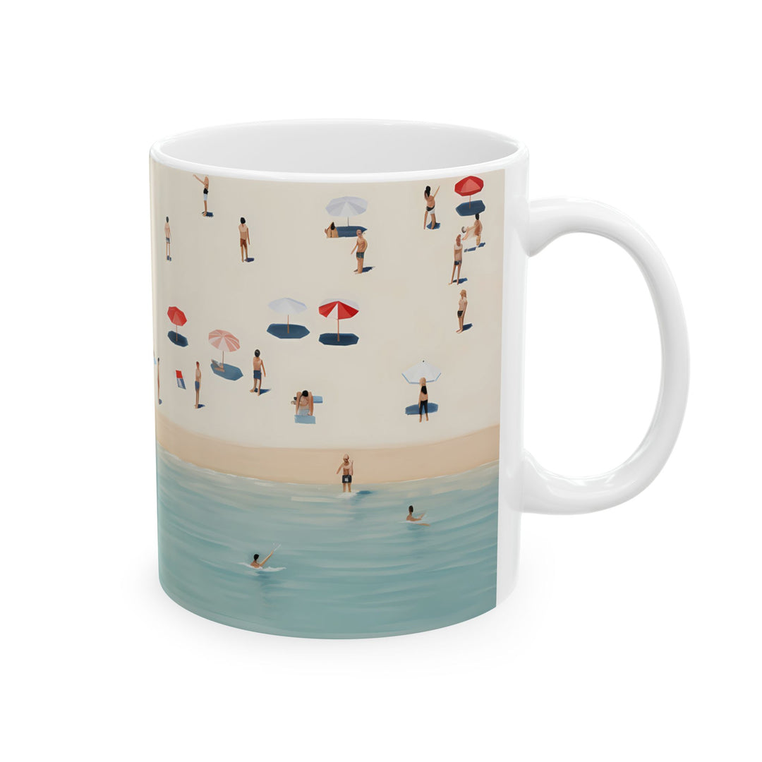 Mug with beach scene design on a white background
