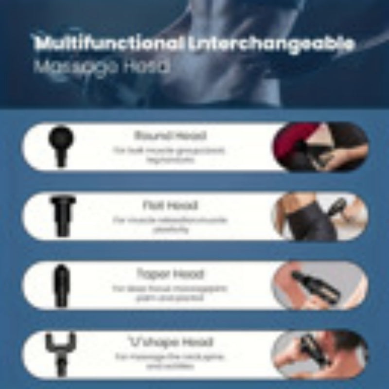 Portable SuperFamilyUSA mini USB rechargeable massage gun for muscle relief, showing the compact device and massage head.