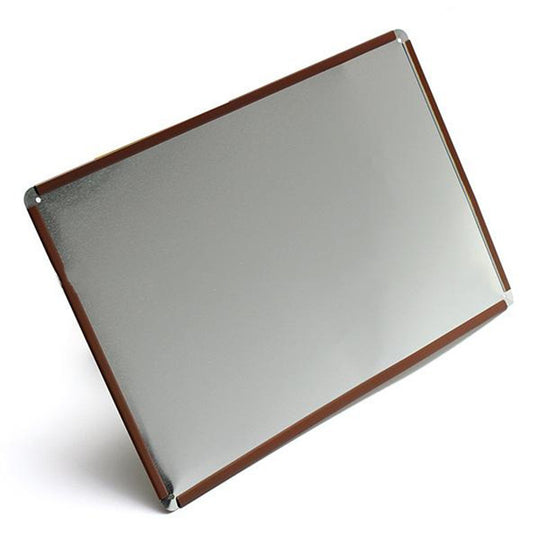 Rectangular metal sign with brown border on a white background