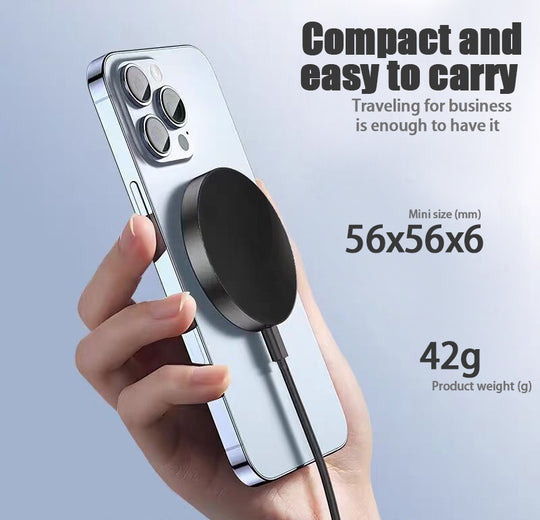 Hand holding a smartphone with a magnetic charging case, text about size and weight.